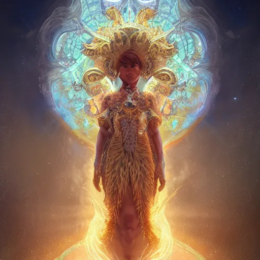 Prompt: a celestial being with infinite power, au naturel, hyper detailed, digital art, trending in artstation, cinematic lighting, studio quality, smooth render, unreal engine 5 rendered, octane rendered, art style by klimt and nixeu and ian sprigger and wlop and krenz cushart