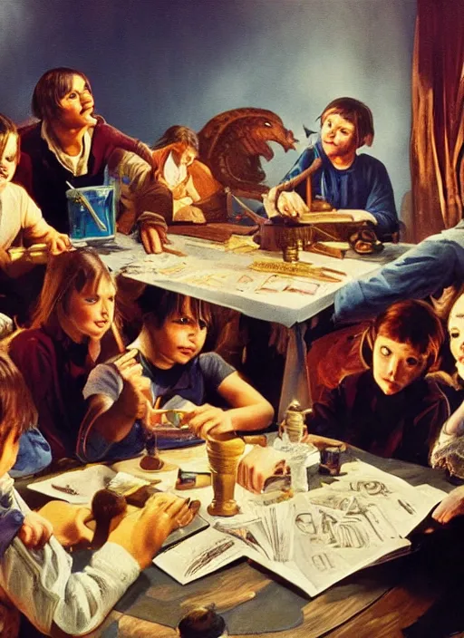 Prompt: a group of kids sitting around a table playing d & d with satan, an ultrafine detailed painting by john philip falter, shutterstock, american scene painting, movie still, concert poster, poster art