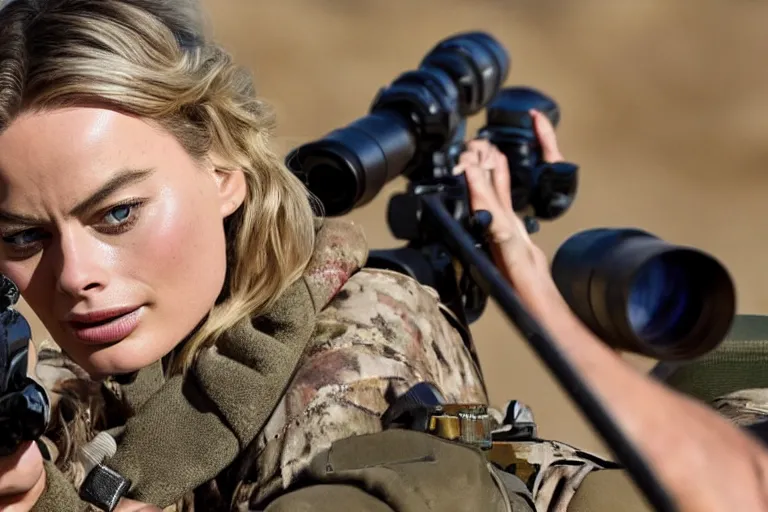 Prompt: margot robbie in the american sniper, closeup action shot, looking into the scope, cinematic