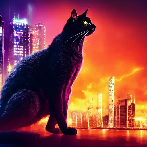 Image similar to bombay cat attacking a cyberpunk city like godzilla, cinematic, colorful, funny, chaotic, 8 k, computer wallpaper.