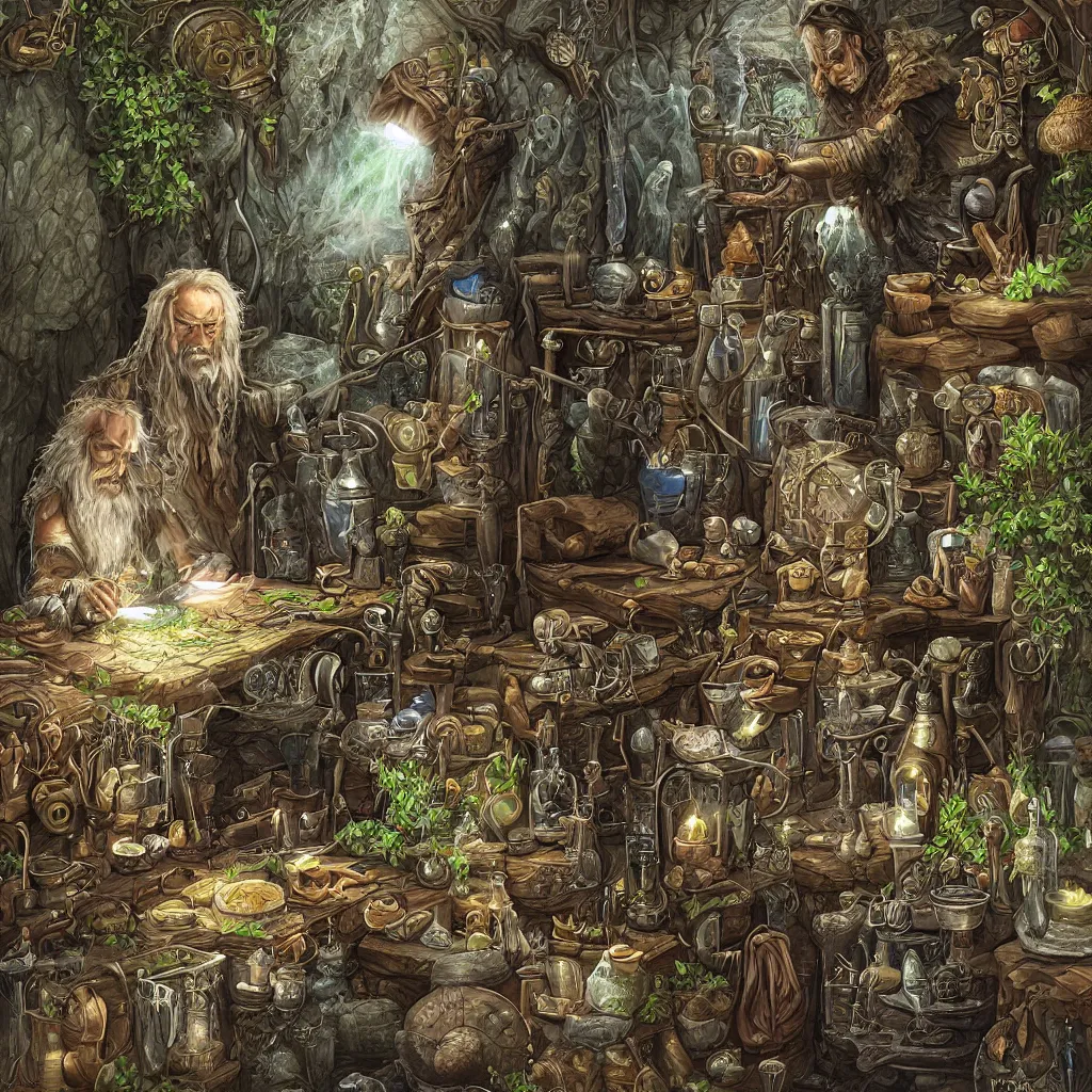 Image similar to ancient druid brewing in his mystic laboratory, highly detailed digital art