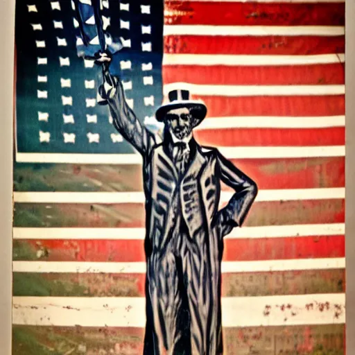 Image similar to uncle sam, 3 5 mm photo, american flag in the background