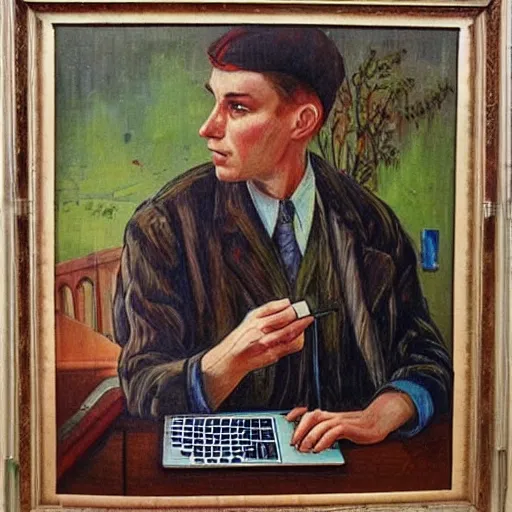 Image similar to detailed intricate soviet realism painting of webdesigner with laptop, heroic, beautiful