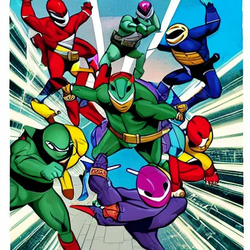 Image similar to power rangers fighting with teenage mutant ninja turtles