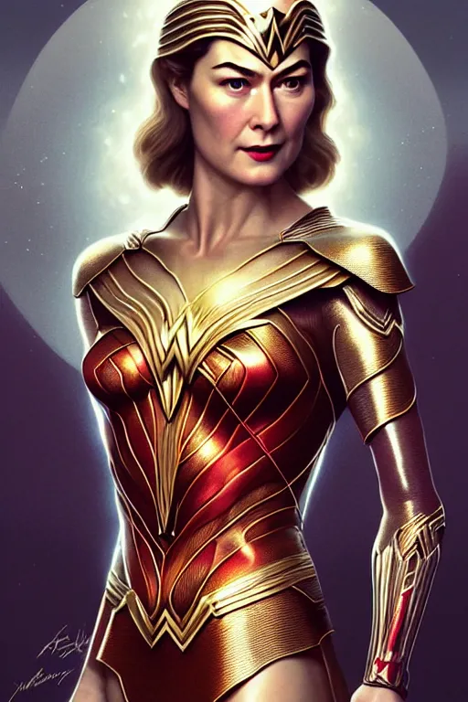 Image similar to young rosamund pike portrait as wonderwoman, art deco, fantasy, intricate art deco designs, elegant, highly detailed fractals, sharp focus, art by artgerm and beeple and greg rutkowski and wlop