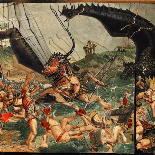 Prompt: historical painting depicting the romans fighting against godzilla in ancient japan, realistic, high definition, detailed