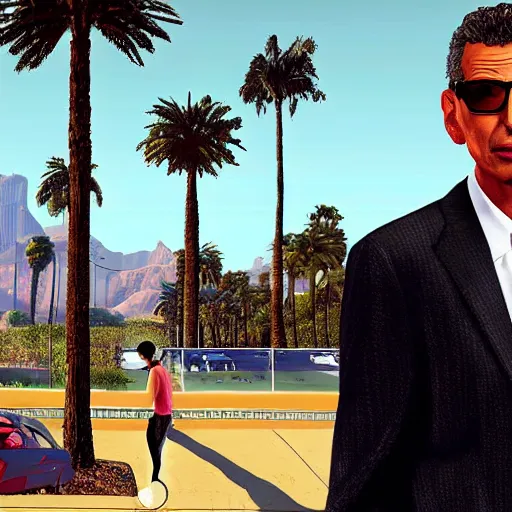 Image similar to Jeff Goldblum in GTA v. Los Santos in the background, palm trees. In the art style of Stephen Bliss.
