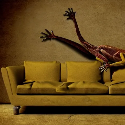 Prompt: anthro lizard with a prostetic arm sitting on a couch, fantasy art, matte painting, coherent like Dall-E 2