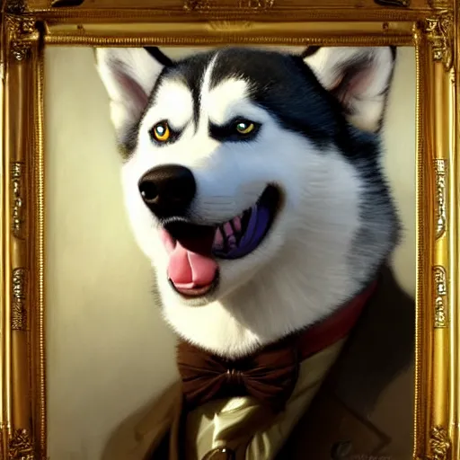 Image similar to a portrait of a husky dog wearing a suit and smiling at the viewer. highly detailed painting by gaston bussiere, craig mullins, j. c. leyendecker 8 k