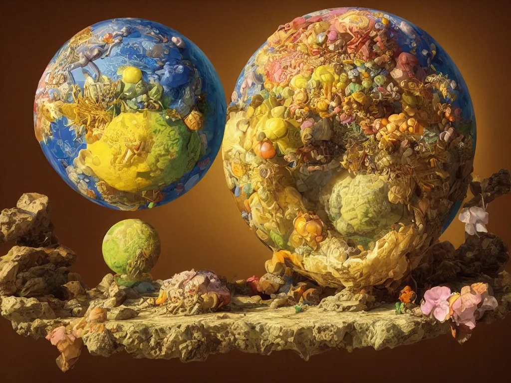 Image similar to 3 d render, sunlight study, the universe is a spheroid region 7 0 5 meters in diameter, art nouveau, by cornelis de heem and ( ( ( ( ( lisa frank ) ) ) ) ), 8 k, sharp focus, octane render