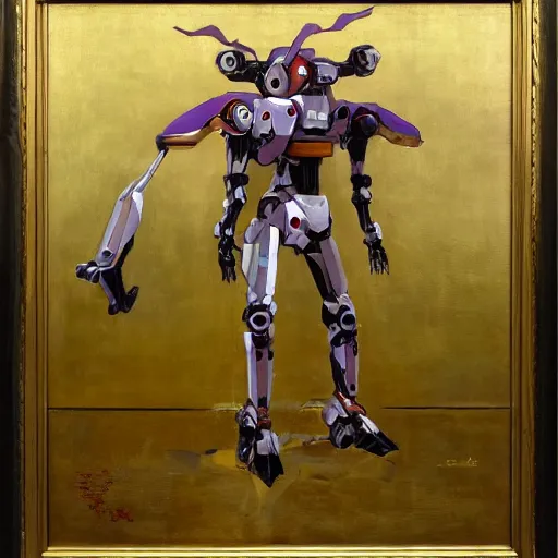 Prompt: evangelion mecha, huge, john mcneill whistler, portrait, woman in white, oil on canvas, highly detailed, gold leaf,