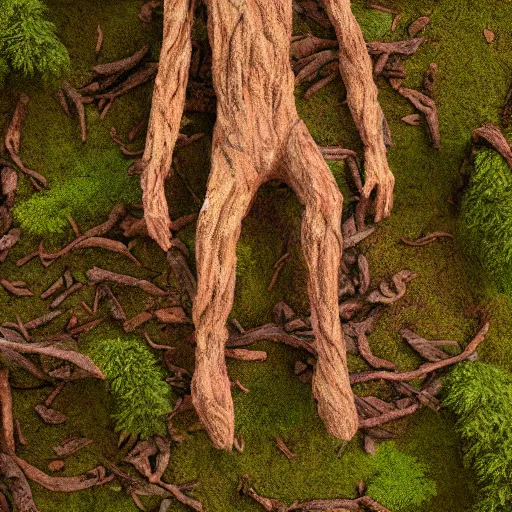 Prompt: a humanoid made of tree bark, moss, flowers, small foliage, realistic octane render, high detail