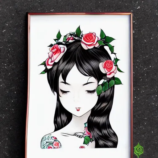 Prompt: tattoo design, stencil, beautiful japanese girls face framed by roses and ivy by artgerm, artgerm, cat girl, anime