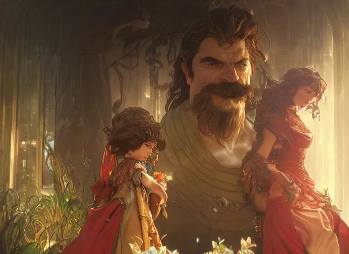 Image similar to a dramatic highly detailed render of mario family , Middle-earth , by WLOP and Artgerm and Greg Rutkowski and Alphonse Mucha, Beautiful dynamic dramatic dark moody lighting, shadows, cinematic atmosphere, Artstation, Octane render, 8K, masterpiece, sharp focus, hyperrealistic, photograph