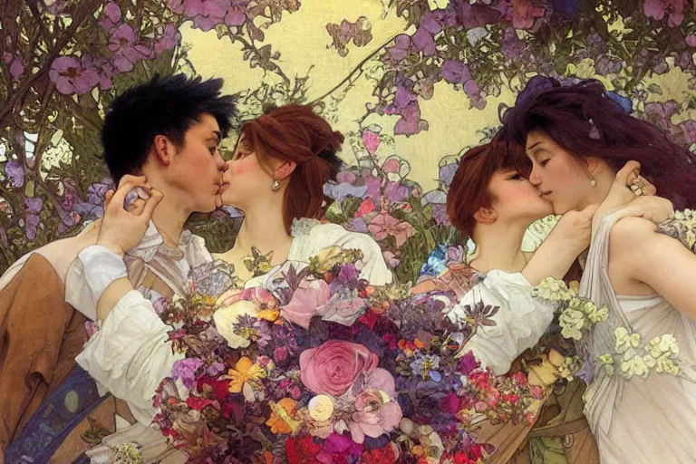 Image similar to the groom kisses the bride at a wedding full of flowers, bright and happy, dreamlike art, highly detail, 4 k realistic, wedding photoy krenz cushart. artem demura. alphonse mucha. yoji shinkawa artgerm. jon lothian. danilo torres. adi meyers. thomas reimann. gaston bussiere.