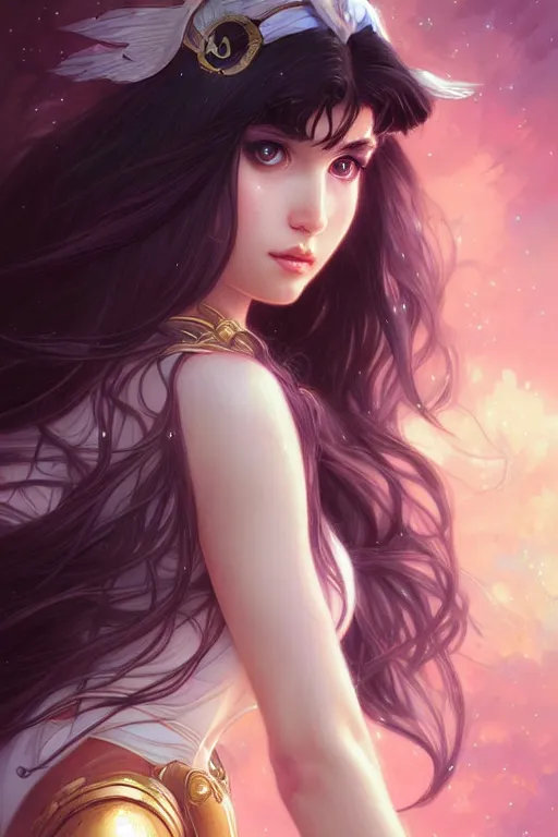 Image similar to a beautiful girl with long dark hair and bangs, sailor moon aesthetic, fantasy, intricate, elegant, highly detailed, digital painting, artstation, concept art, matte, sharp focus, illustration, art by Artgerm and Greg Rutkowski and Alphonse Mucha