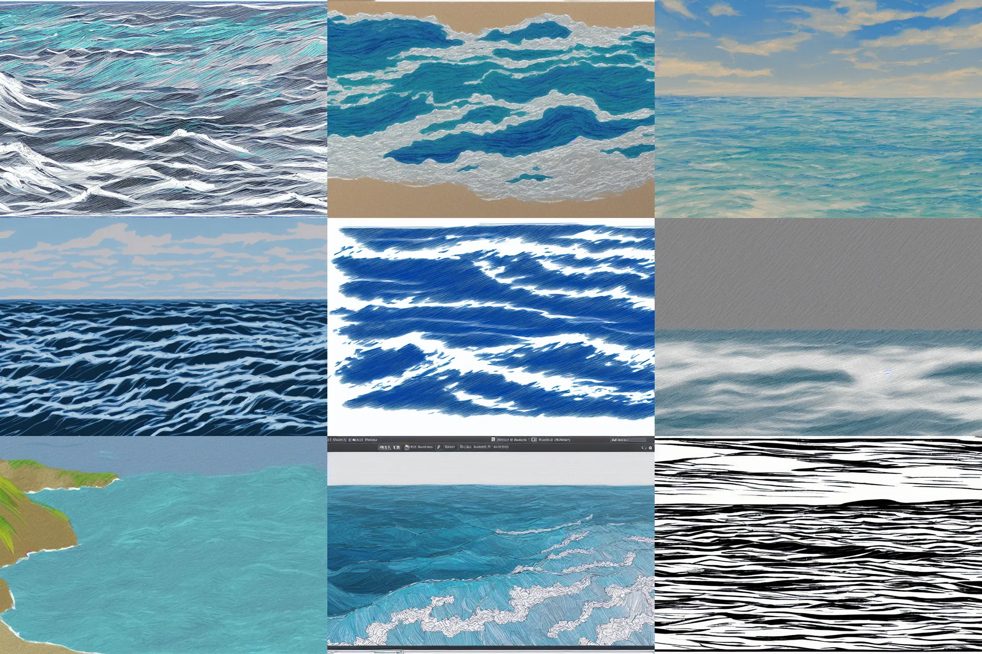 Prompt: sketch of an ocean in ms paint, trending on artstation
