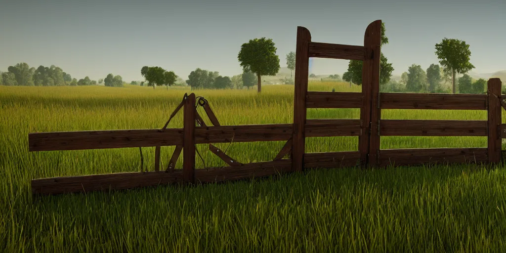 Prompt: Render of a large scale field landscape. single gate as centerpiece. Stylized. Digital art. Medieval. Highly detailed. Unreal engine 5. 8k. Evocative.