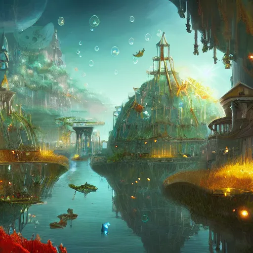 Image similar to a utopian city, filled with fauna, with bubbles floating around everywhere, dynamic lighting, fantasy concept art, trending on art station, stunning visuals, creative, cinematic, ultra detailed