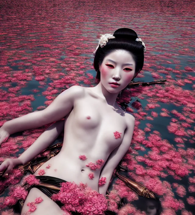 Prompt: baroque portrait of a geisha berserker designed by vitaly bulgarov who is lying down in a river made of thousand of flowers, photorealistic, octane render, 8 k, depth of field