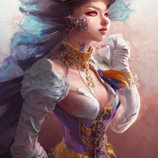 Prompt: A portrait of a cybernetic royal baroque asian gamer magician fox girl. , trending on artstation, digital art, by Stanley Artgerm Lau, WLOP, Rossdraws, James Jean, Andrei Riabovitchev, Marc Simonetti, Yoshitaka Amano