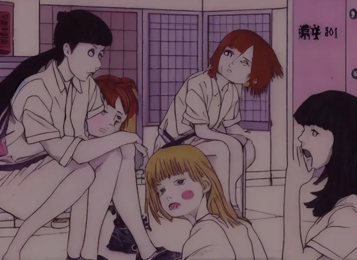 Image similar to screenshot from 8 0's horror guro anime, yellowed grainy noisy vhs footage, few schoolgirls trapped in a bathroom, stalls and sinks and tiled floor, sad scared girls are in beige sailor school uniforms, sitting on the floor, yelling at one another, detailed expressive faces, various hair colors and styles, expressive beautiful eyes in the style of ghibli,