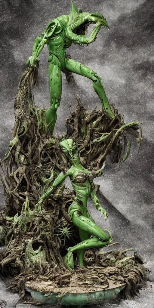 Prompt: bootleg figure of a plastic green acid xenomorph diorama drowning on the mud water, secondhand, rain stormcloud by Luis Royo, mcfarlane, cursed photography, middle shot