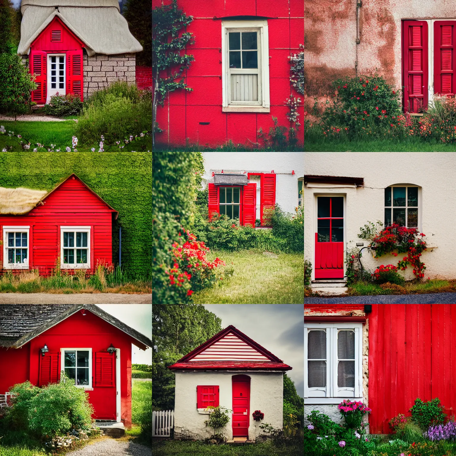 Prompt: small cottage with red shutters, photography, dreamy