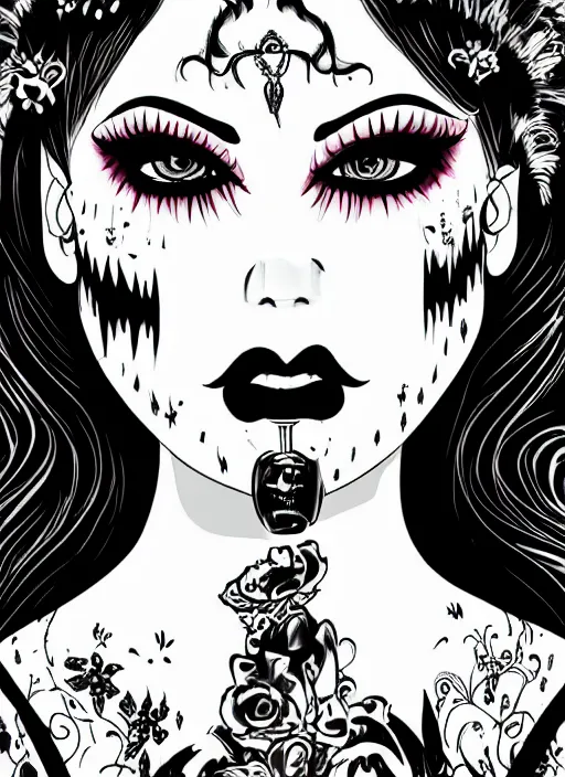 Image similar to of a goth girl burlesque psychobilly punk, detailed face, white background, drawing, full body shot