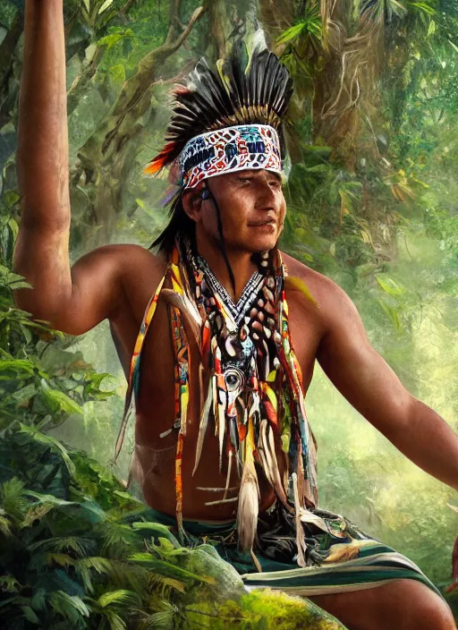Prompt: a beautiful painting of an indigenous man celebrating in the jungle, fantasy art, matte painting, highly detailed, trending on artstation