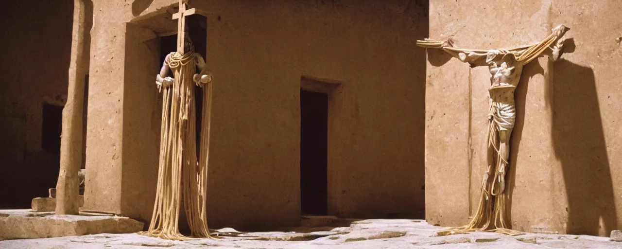 Image similar to jesus on a cross made of spaghetti, ancient rome, architectural, minimal, canon 5 0 mm, wes anderson film, kodachrome