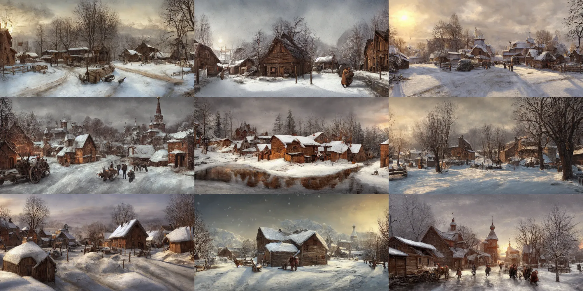 Prompt: an oil painting of a russian village in winter, masterpiece, highly detailed, high quality, 4 k, anatomically correct, hyperrealistic, concept art, octane render, unreal engine 5, trending on artstation, trending on deviantart, matte, historical painting, fantasy style, path traced, high coherence, soft lighting, digital painting, mythical, by leonardo da vinci