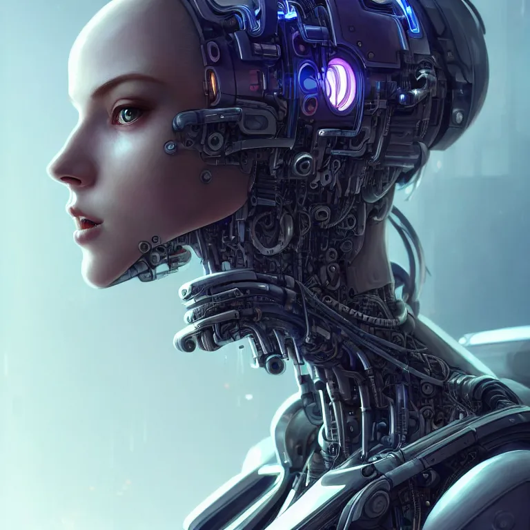 Image similar to ultra detailed, Mechanical Cyberpunk Female Android, looking into the camera!!, intricate, elegant, super highly detailed, professional digital painting, artstation, concept art, smooth, sharp focus, no blur, no dof, extreme illustration, Unreal Engine 5, Photorealism, 8k, cinematic, art by artgerm and greg rutkowski and alphonse mucha and loish and WLOP