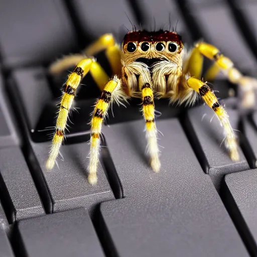 Image similar to a jumping spider, using a computer keyboard, by pixar, macro lens, iridescent
