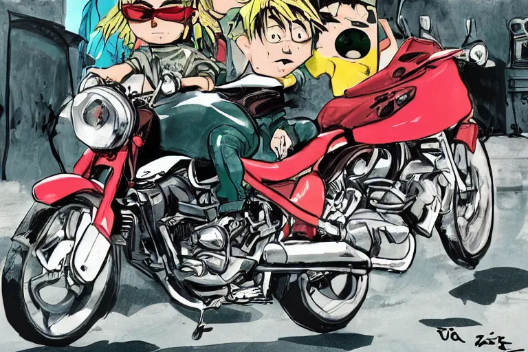 Image similar to italian pizza, akira's motorcycle, gorillaz, advertisement, kid drawn