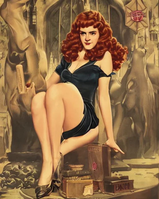 Prompt: pinup photo of hermione granger by emma watson in the crowded square of hogwarts, gil elvgren, enoch bolles, edward robert hughes, henry justice ford, glossy skin, pearlescent, very coherent, very detailed