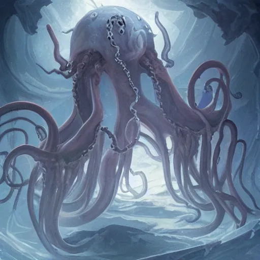 Image similar to concept designs for an end game boss that is an ethereal obsidian ghostly wraith like figure with a squid like parasite latched onto its head and long tentacle arms that flow lazily but gracefully at its sides like a cloak and chains rattling at its sides while it floats around a frozen rocky tundra in the snow searching for lost souls and that hides amongst the shadows in the trees, this character has hydrokinesis and electrokinesis for the resident evil village video game franchise and inspired by vecna from stranger things