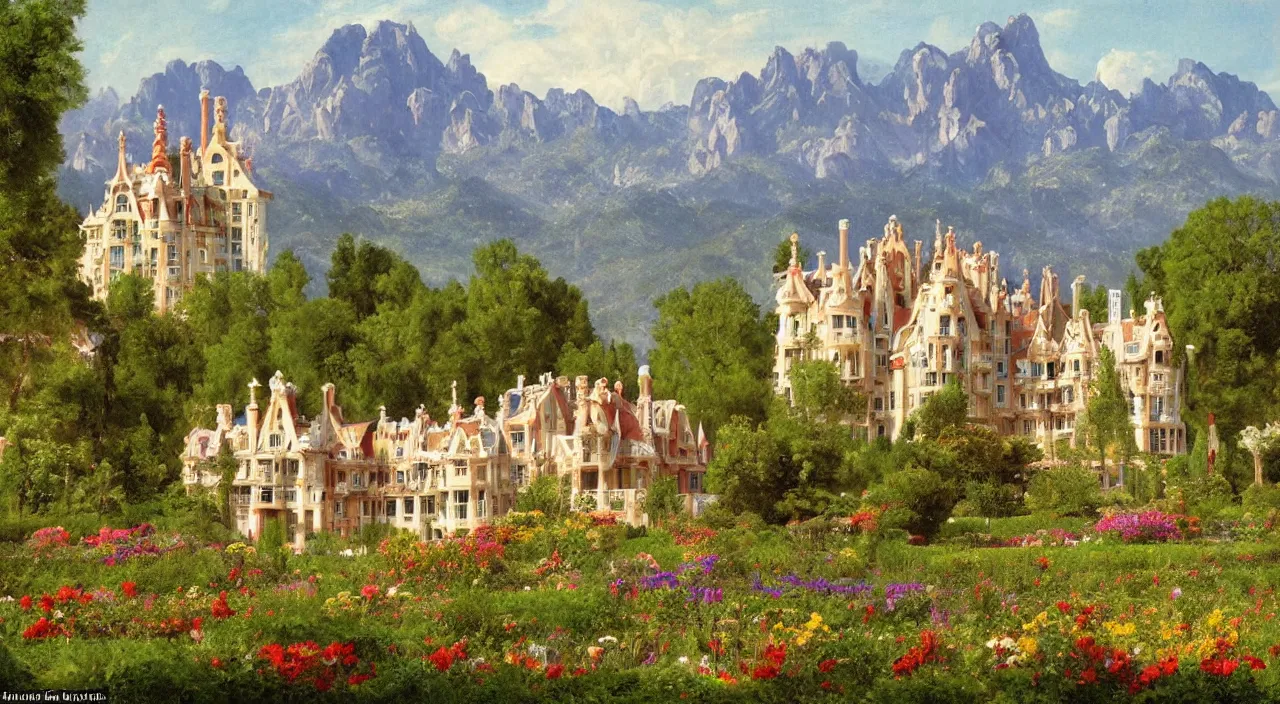 Image similar to a manor designed by Antoni Gaudí, with flower fields as foreground, with mountains as background, by Thomas Cole