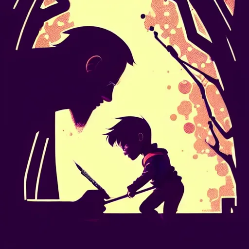 Prompt: illustration silhouette, a Love of a father and son, post grunge concept art by josan gonzales and wlop, highly detailed, intricate, sharp focus, Trending on Artstation HQ, deviantart - W 576 - H 768