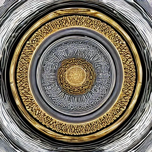 Image similar to three dimensional multilayered patterns inside a circle, intricate detail, complex, gold, silver, obsidian, white