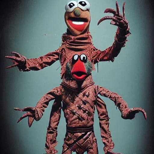 Prompt: the muppets as cenobites from hellraiser, realistic, photography, dramatic lighting, violence, blood, hellfire, comedy