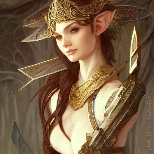 Image similar to a elf archer, cute, fantasy, intricate, elegant, highly detailed, centered, digital painting, artstation, concept art, smooth, sharp focus, illustration, art by artgerm and H R Giger and alphonse mucha