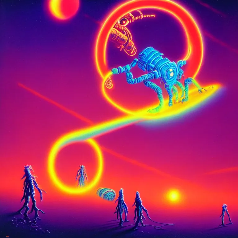 Prompt: strange mysterious creatures, infinite quantum portal, synthwave, bright neon colors, highly detailed, cinematic, panoramic, tim white, michael whelan, roger dean, bob eggleton, chris foss, vladimir kush, kubrick, kimura, isono