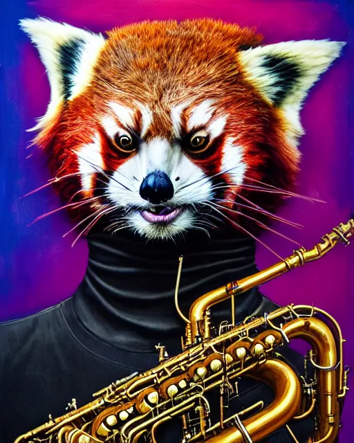 Image similar to a portrait of an anthropomorphic cyberpunk single red panda wailing on the saxophone by sandra chevrier, by jon foster, detailed render, tape deck, epic composition, cybernetics, 4 k realistic, cryengine, realistic shaded lighting, sharp focus, masterpiece, by enki bilal