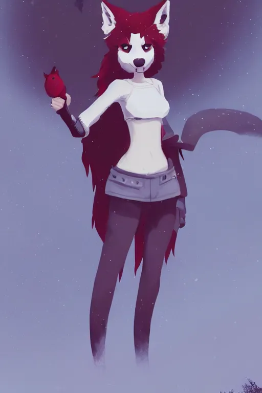 Image similar to furry anthro wolf fursona, a full body portrait of a the sellsword marissa bell, short red hair, fantasy, makoto shinkai, james gilleard, very detailed, matte, gaussian blur