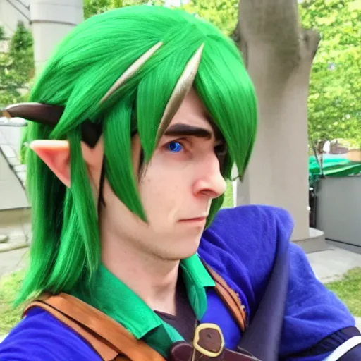 Prompt: Man poorly cosplaying Link from zelda, award winning photo, 4K,