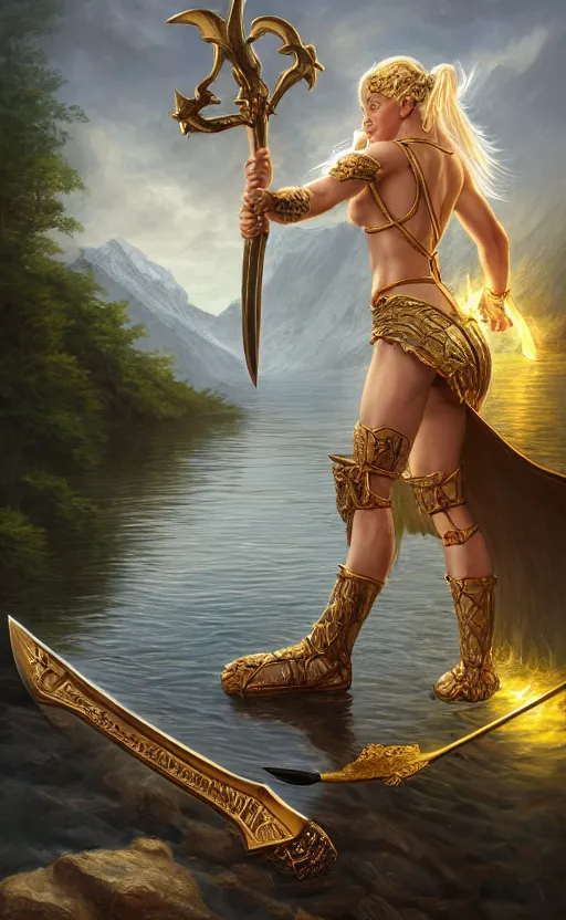 Image similar to lake godness holding gold axe and sliver axe, highly detailed, d & d, water everwhere fantasy, highly detailed, digital painting, trending on artstation, concept art, sharp focus, global illumination, ray tracing, illustration, art by artgerm and greg rutkowski and fuji choko and viktoria gavrilenko and hoang lap