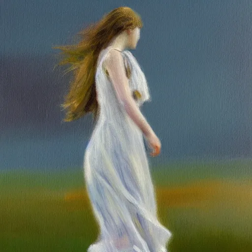 Prompt: an impressionist oil painting of girl with long hair in a white long dress running on the field in a foggy weather