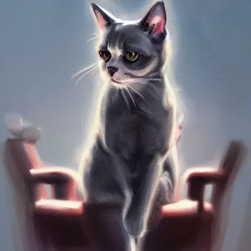 Image similar to cat sitting in a chair using a laptop, painting, by justine florentino, fantasy art, photo realistic, dynamic lighting, artstation, poster, volumetric lighting, very detailed face, 8 k, award winning