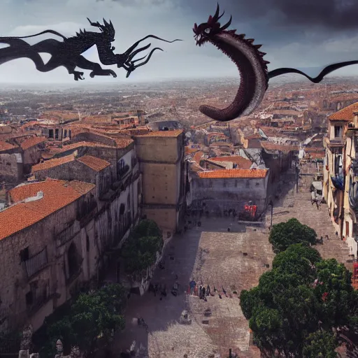 Prompt: the monumental city of caceres with a dragon flying over it, dramatic lighting, cinematic, extremly high detail, photorealistic, cinematic lighting, post processed, concept art, artstation, matte painting, style by greg rutkowsky - 1 0 2 4